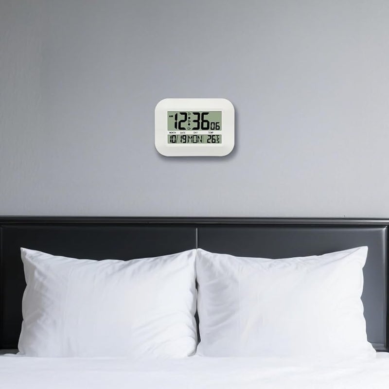 Digital Wall Clock with LCD Display Time Temperature Date Alarm White - Image 2